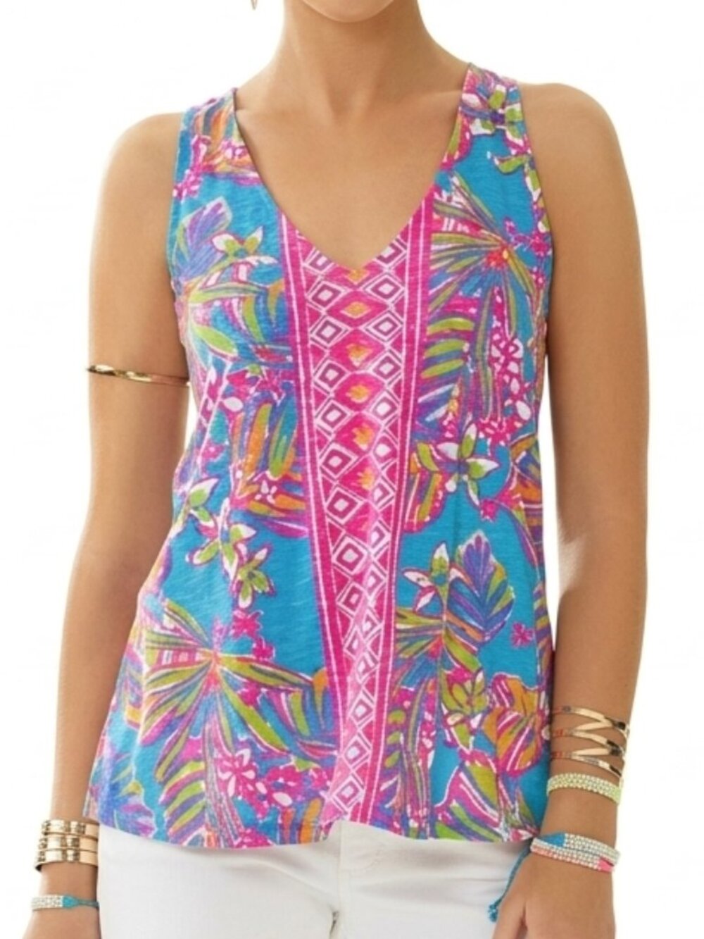 LILLY PULITZER Minka Trapeze Tank Top Sea Blue Summer Haze Pink Tropical Floral